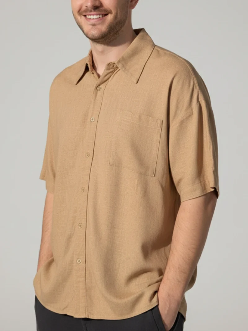 Camel shirt in a clean, elegant silhouette.