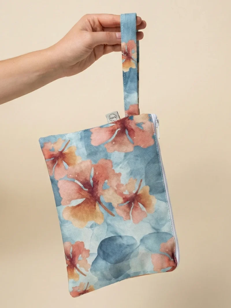 Handbag featuring Water Petals print in blue and white tones.