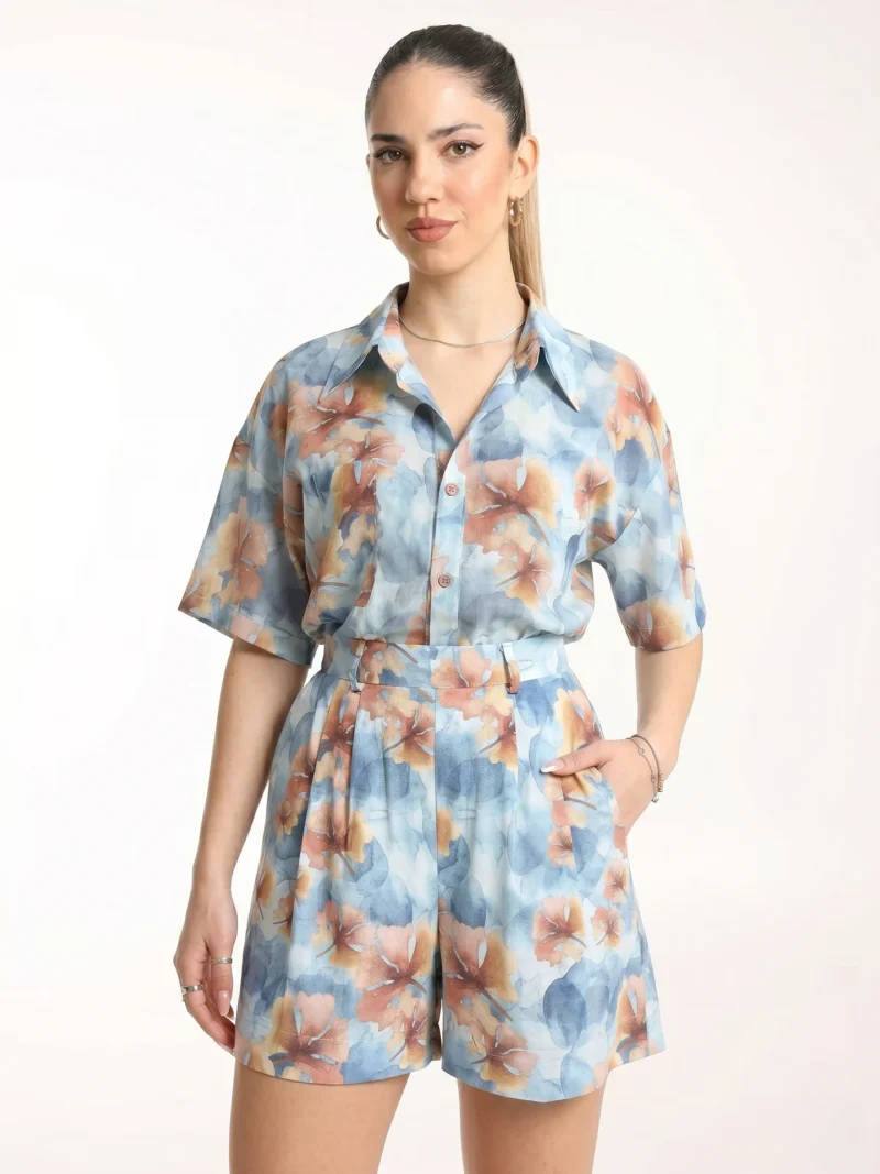 Water Petals top featuring a fluid, organic pattern.
